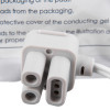 Connector for the pads of a semi automatic defibrillator showing three rounded sockets and attached cable