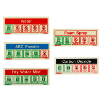 Image showing a group of Jalite Fire Extinguisher Self Adhesive Signs including Water, Foam Spray, ABC Powder, Carbon Dioxide, and Dry Water Mist labels
