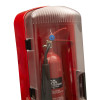 Close up angled view of jo bird single fire extinguisher cabinet showing red case and transparent front panel