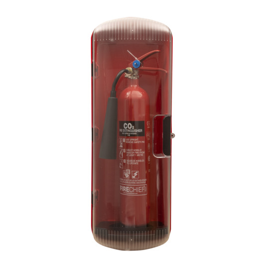 red jo bird single fire extinguisher cabinet with a co2 extinguisher visible inside
