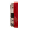 Side view of a jo bird single fire extinguisher cabinet with a red body and clear front panel