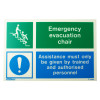 Front view of emergency evacuation chair sign on rigid plastic showing a person helping another down stairs and safety instructions
