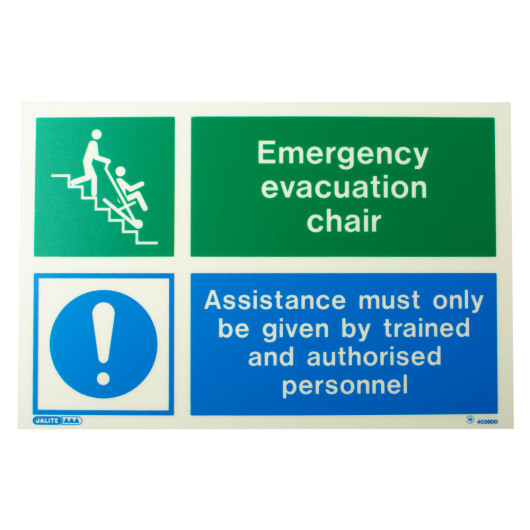 Front view of emergency evacuation chair sign on rigid plastic showing a person helping another down stairs and safety instructions