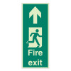 front view of a floor mounted escape route sign showing a running figure and an arrow pointing upwards with the words Fire exit
