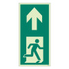 front view of floor mounted escape route sign showing running figure and upward arrow on green background