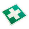 angled view of a first aid sign rigid plastic with a white cross on a green background