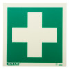 front view of first aid sign rigid plastic with a white cross on a green square background