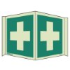 panoramic sign showing two green panels with a cream coloured first aid cross symbol on each panel