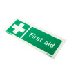 angled view of first aid equipment sign rigid plastic with green background and white cross and text first aid