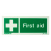 front view of a first aid equipment sign rigid plastic showing a white cross and first aid text on green background