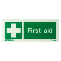 front view of a first aid equipment sign rigid plastic showing a white cross and first aid text on green background