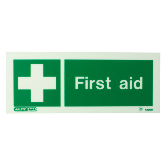 front view of a first aid equipment sign rigid plastic showing a white cross and first aid text on green background