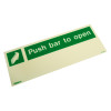 Angled view of a push bar to open sign made from rigid plastic showing green background and white text