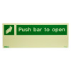 Front view of push bar to open sign on rigid plastic size k with green text and arrow on pale background