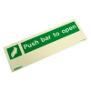 angled view of a push bar to open sign printed on rigid plastic with green background and white text and symbol