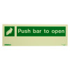 front view of a push bar to open sign made of rigid plastic with green background and white text and arrow