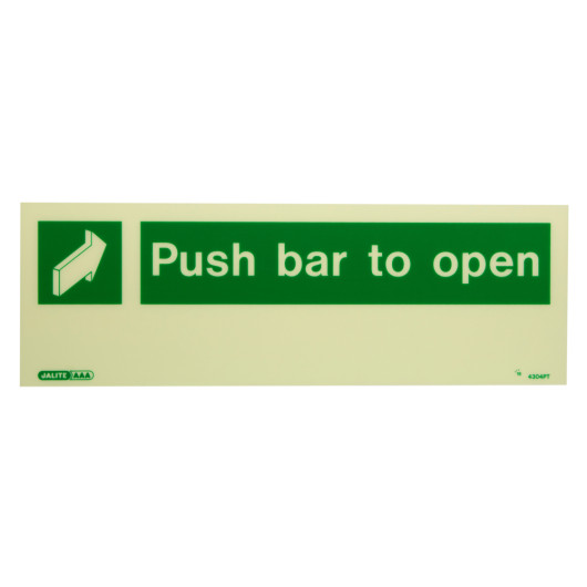 front view of a push bar to open sign made of rigid plastic with green background and white text and arrow