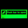 push bar to open sign rigid plastic glowing green on a dark background with left arrow symbol