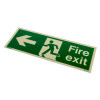angled view of a fire exit sign rigid plastic left size k showing a green background with a white running figure and left arrow
