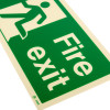 Close up of fire exit sign rigid plastic left size k showing green and white design with running figure and text Fire exit