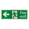 front view of fire exit sign rigid plastic left size k showing a running figure and left arrow on a green background