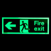 fire exit sign rigid plastic left side t glowing in the dark showing an arrow and running figure