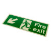 angled view of a fire exit sign rigid plastic down left size k showing a running figure and left arrow on green background