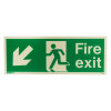 fire exit sign rigid plastic down left size k showing green background with white running figure and arrow pointing down left