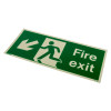 angled view of fire exit sign rigid plastic down left size j with running figure and left arrow on green background