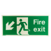 Front view of fire exit sign rigid plastic down left size j showing running figure and arrow on green background