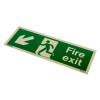 Angled view of a fire exit sign rigid plastic down left size t showing a running figure and left arrow on green background