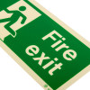 Close up of fire exit sign rigid plastic down left text and running figure on green background