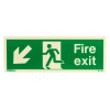 fire exit sign rigid plastic down left with running figure and arrow pointing down left on green background front view
