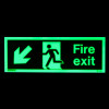 fire exit sign rigid plastic down left showing a person walking through a door in a dark background