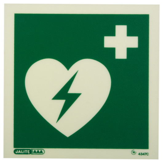 aed location sign showing a white heart with a lightning bolt and a cross on a green background without text front
