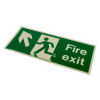 angled view of a fire exit sign rigid plastic up left size j showing a running figure and arrow pointing up left