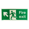 fire exit sign rigid plastic up left size j showing a person walking through a door with an arrow pointing up left