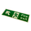 Angled photo of a fire exit sign rigid plastic up left size K showing a running person and arrow pointing up left
