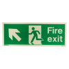 fire exit sign rigid plastic up left size k showing a running figure next to a left upward arrow on a green background