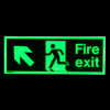 fire exit sign rigid plastic up left size k glowing green with running figure and arrow in dark background