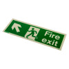 angled view of a fire exit sign rigid plastic up left size t showing a running figure and an arrow pointing up left