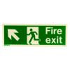 fire exit sign rigid plastic up left showing a person walking through a door next to an arrow pointing up and left