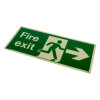Angled view of fire exit sign rigid plastic right size j showing running figure and arrow pointing right