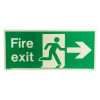 fire exit sign rigid plastic right size j showing green and white running man symbol with right arrow and fire exit text front view