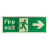 Front view of fire exit sign rigid plastic right size k showing green background with white running figure and arrow pointing right