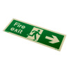 fire exit sign rigid plastic right size t shown at an angle with white running figure and arrow on green background