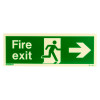 Front view of fire exit sign rigid plastic right size t showing running figure and right arrow on green background