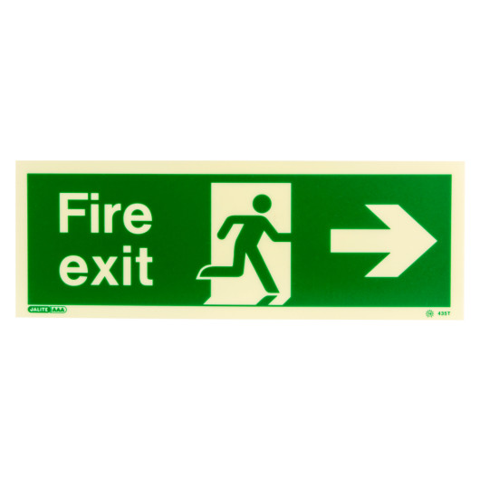 Front view of fire exit sign rigid plastic right size t showing running figure and right arrow on green background