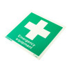angled emergency equipment location sign on rigid plastic with white cross on green background