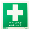 front view of emergency equipment location sign rigid plastic with white cross on green background and text emergency equipment